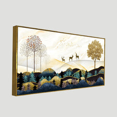 DEKORSTATION Vastu Deer Landscape Canvas Painting for Peace & Prosperity | Golden Mountain Forest Canvas Wall Art for Living Room | Bedroom | Office | Drawing room