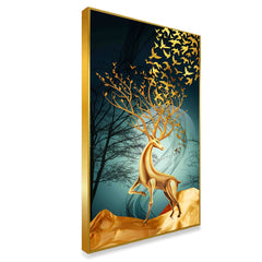 DEKORSTATION Royal Golden Deer Canvas Wall Painting with Flying Birds for Living Room, Bedroom & Office, Drawing room| Luxury Abstract Deer Wildlife Wall Art Decor