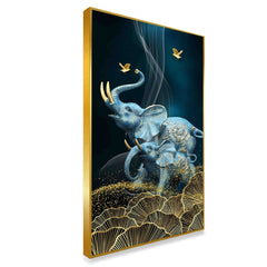DEKORSTATION Royal Blue Elephant Family Canvas Wall Painting | Luxury Abstract Elephant with Gold Floral Art Decor For Living Room | Bedroom | Office | Drawing room