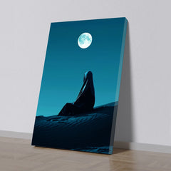 Canvas Painting Lady sitting on desert Silent Night Veiled Figure Lady Under the Full Moon Desert for Wall Decoration Elegant Stretched Wall Paintings