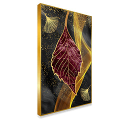 DEKORSTATION Abstract Maroon & Gold Leaf Canvas Painting | Luxury Wall Art for Living Room | Drawing Room | Bedroom Office | Modern Home Decor