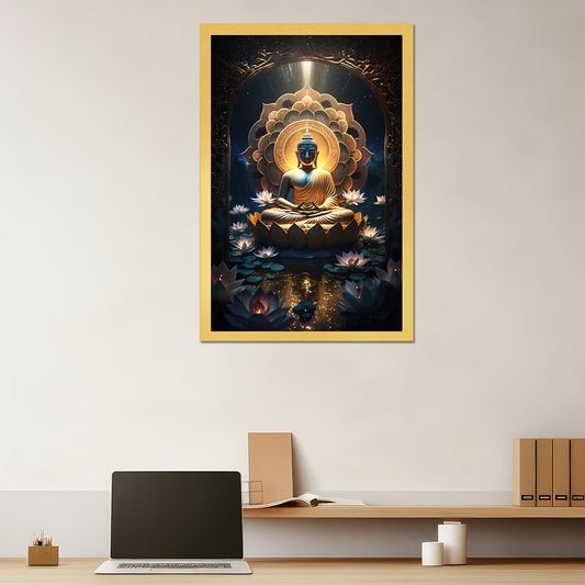 Canvas painting buddha buddhism sits golden lotus surrounded by sparkling colorful lotus flowers  Wall Decoration for Home and Office