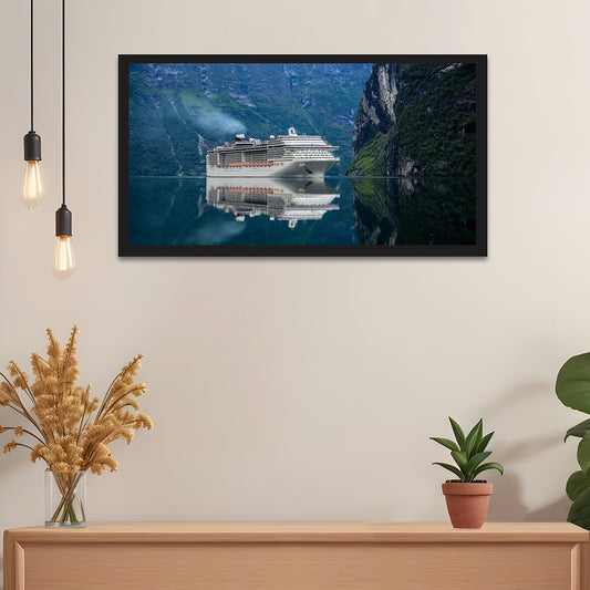 Beautiful Cruise Ship In Sea With Mountains Canvas Painting
