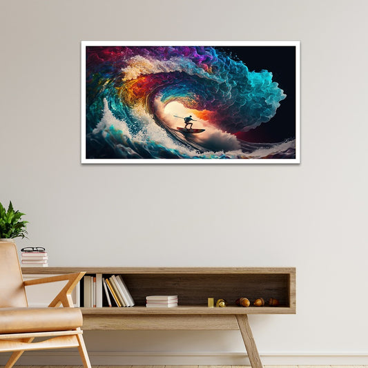 Surfer Rides Wave With Rainbow Colored Wave Canvas Wall Painting