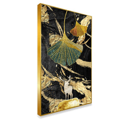 DEKORSTATION Luxury Golden Ginkgo Leaf & Deer Canvas Wall Painting | Modern Abstract Black Gold Nature Wall Art Decor For Living Room | Bedroom | Office | Drawing room