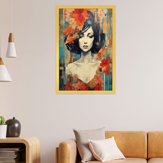 Abstract Art Of Young Woman With Flowers Canvas Wall Painting