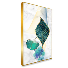 DEKORSTATION Abstract Teal Leaf Canvas Painting with Gold Foil Effect | Modern Wall Art for Living Room Bedroom Office | Marble Texture Background Home Decor