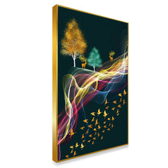DEKORSTATION Luxury Abstract Deer & Golden Birds Canvas Wall Painting | Modern Nature Landscape Wall Art Decor For Living Room | Bedroom | Office | Drawing room