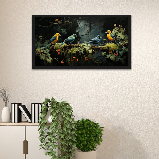 Beautiful Four Colorful Bird On The Branch Canvas Painting