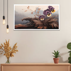 Moody Floral Landscape with Pansies and Misty Mountains canvas painting