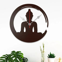 Brown Designer Wooden Wall Clock Featuring Buddha in Lotus Posture