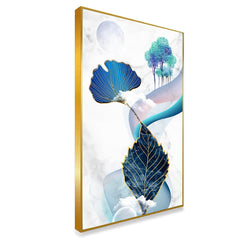 DEKORSTATION Abstract Blue & Gold Leaf Canvas Painting with Moon & Trees | Modern Wall Art for Living Room Bedroom Office | Luxury Nature Home Decor