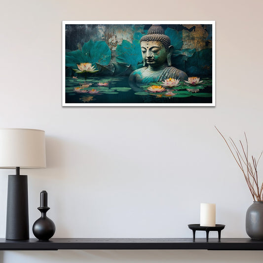 Sculpture of Buddha in Lake With Lotuses Canvas Wall Painting