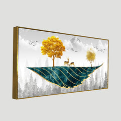 DEKORSTATION Abstract Nature Canvas Wall Painting with Deer Trees Birds Gold Teal Canvas Painting Home Decoration for Living Room | Bedroom | Office | Drawing room