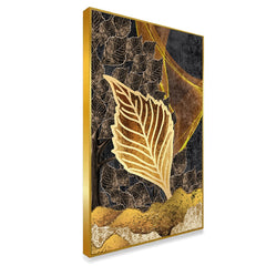 DEKORSTATION Abstract Golden Leaf Canvas Wall Painting | Modern Botanical Wall Art in Gold & Black for Living Room | Bedroom | Office | Drawing room