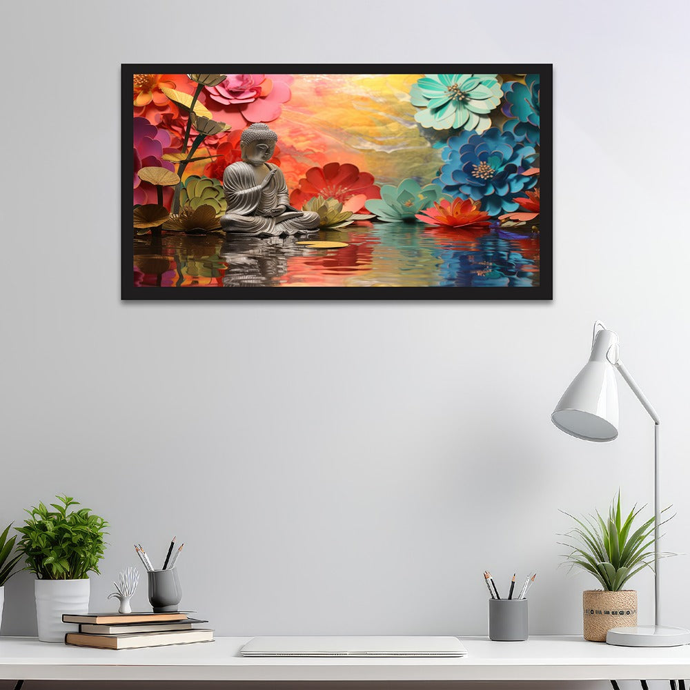 Meditating buddha statue sitting on lake with multicolor flower canvas painting