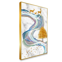 DEKORSTATION Luxury Golden Deer Family Abstract Canvas Wall Painting | Modern Marble Nature Wall Art Decor For Living Room | Bedroom | Office | Drawing room
