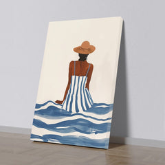 Canvas Painting Ocean Breeze Stylish Woman in Sun Hat on sea ??wave Canvas Art for Wall Decoration Elegant Little Girl Moder Art Stretched Wall Paintings