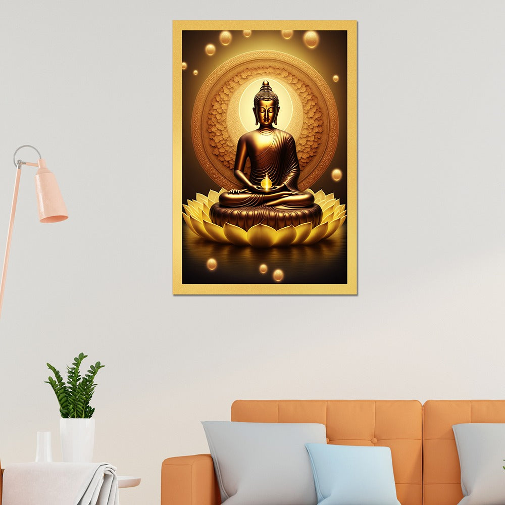 Canvas painting meditating Lord Buddha sitting on lotus flower Calm Golden Buddha statue Painting