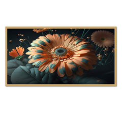 Ethereal Bloom Peach Flower and green leaf Vibrant Blue and Orange Floral Canvas Art Elegant Floating Frame Wall Paintings