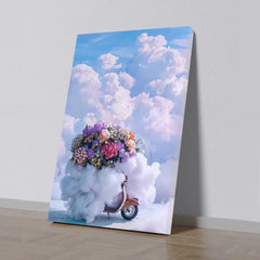 Scooter On Cloud Ride Floral Fantasy Canvas Wall Painting Dreamy Pastel Sky Decor for Wall Decoration Elegant Kids Art Stretched Wall Paintings