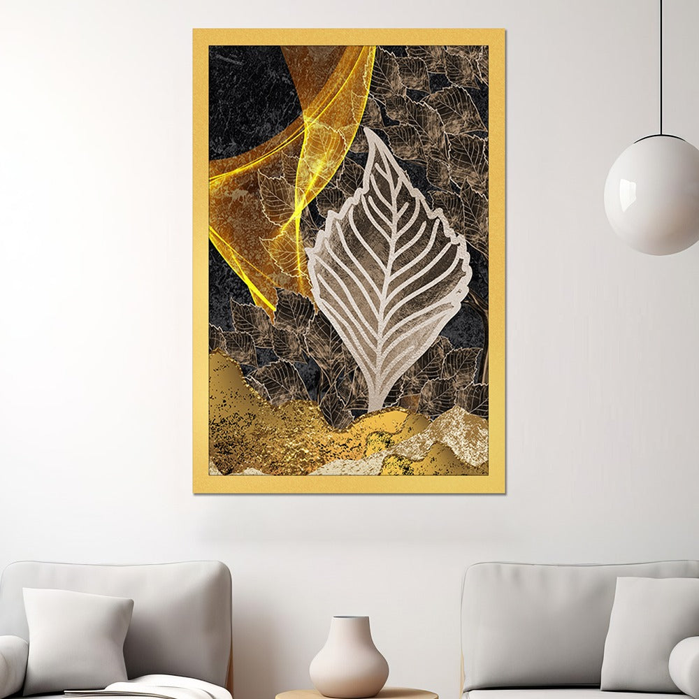 DEKORSTATION Abstract Golden Leaf Canvas Wall Painting | Modern Botanical Wall Art For Living Room | Bedroom | Office | Drawing room