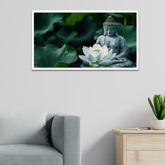 Buddha Statue Meditating Near Blooming White Lotus Flower Canvas Wall Painting