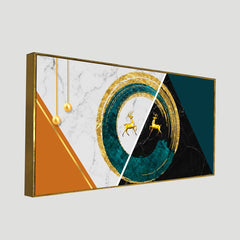 DEKORSTATION Luxury Golden Deer Abstract Circle Canvas Wall Painting Modern Marble Geometric Wall Art Decor For Living Room | Bedroom | Office | Drawing room