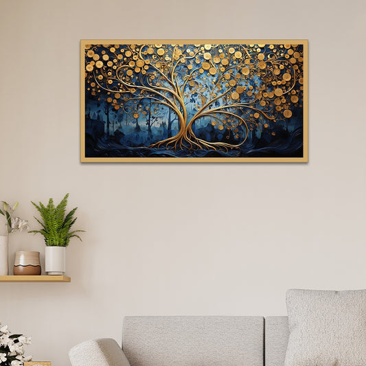 Painting of a Tree With Gold Leaves and Flowers Canvas Wall Painting