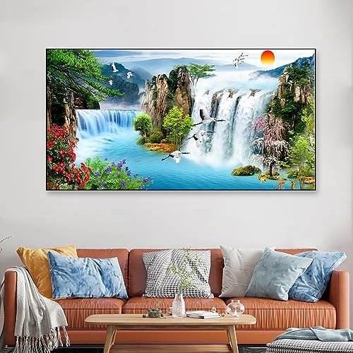 Big Panoramic Sunset Waterfall River Scenery Floating Framed Canvas Wall Painting for Living Room Bedroom drawing room Hall Office Decoration (24 x 48 Inches)