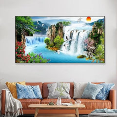Big Panoramic Sunset Waterfall River Scenery Floating Framed Canvas Wall Painting for Living Room Bedroom drawing room Hall Office Decoration (24 x 48 Inches)