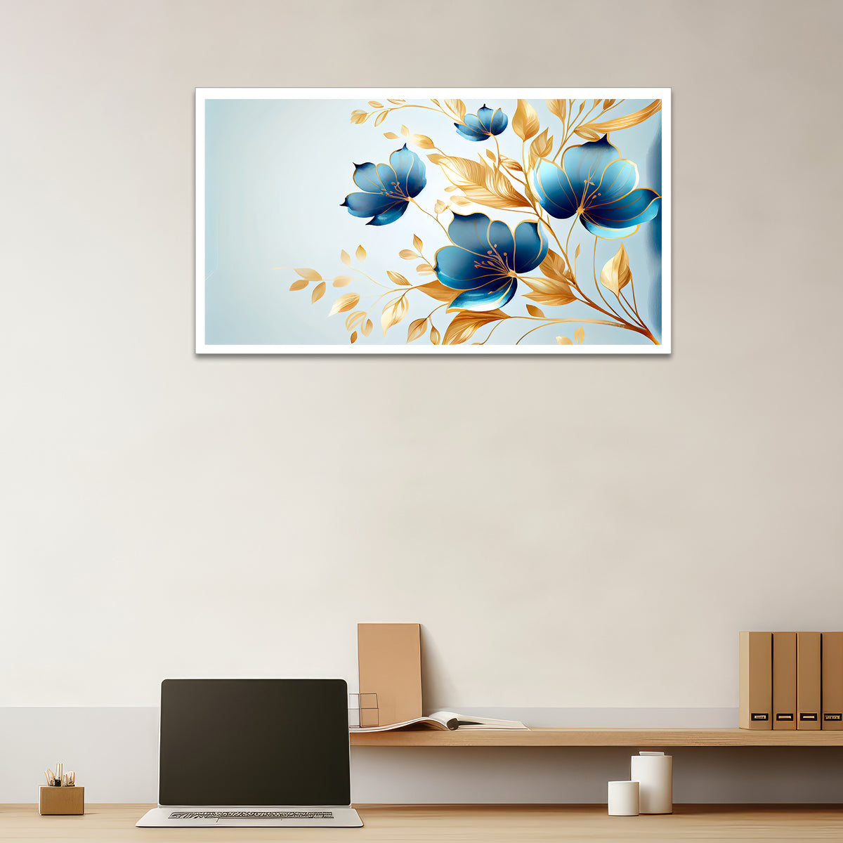 Elegant Blue and Golden Floral Canvas Floating Framed Canvas Wall Painting