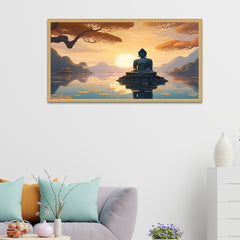 Meditation Buddha In Lake With Sunrise Canvas Wall Painting