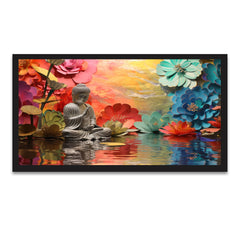 Meditating buddha statue sitting on lake with multicolor flower canvas painting