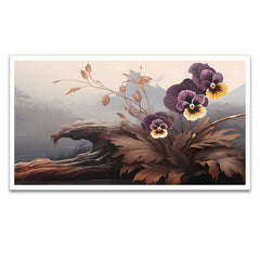 Moody Floral Landscape with Pansies and Misty Mountains canvas painting