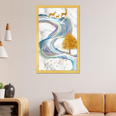 DEKORSTATION Luxury Golden Deer Family Abstract Canvas Wall Painting | Modern Marble Nature Wall Art Decor For Living Room | Bedroom | Office | Drawing room