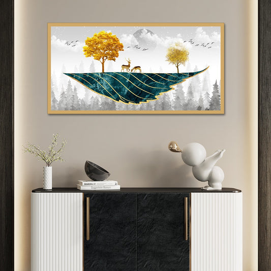 DEKORSTATION Abstract Nature Canvas Wall Painting with Deer Trees Birds Gold Teal Canvas Painting Home Decoration for Living Room | Bedroom | Office | Drawing room