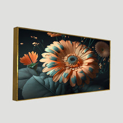 Ethereal Bloom Peach Flower and green leaf Vibrant Blue and Orange Floral Canvas Art Elegant Floating Frame Wall Paintings