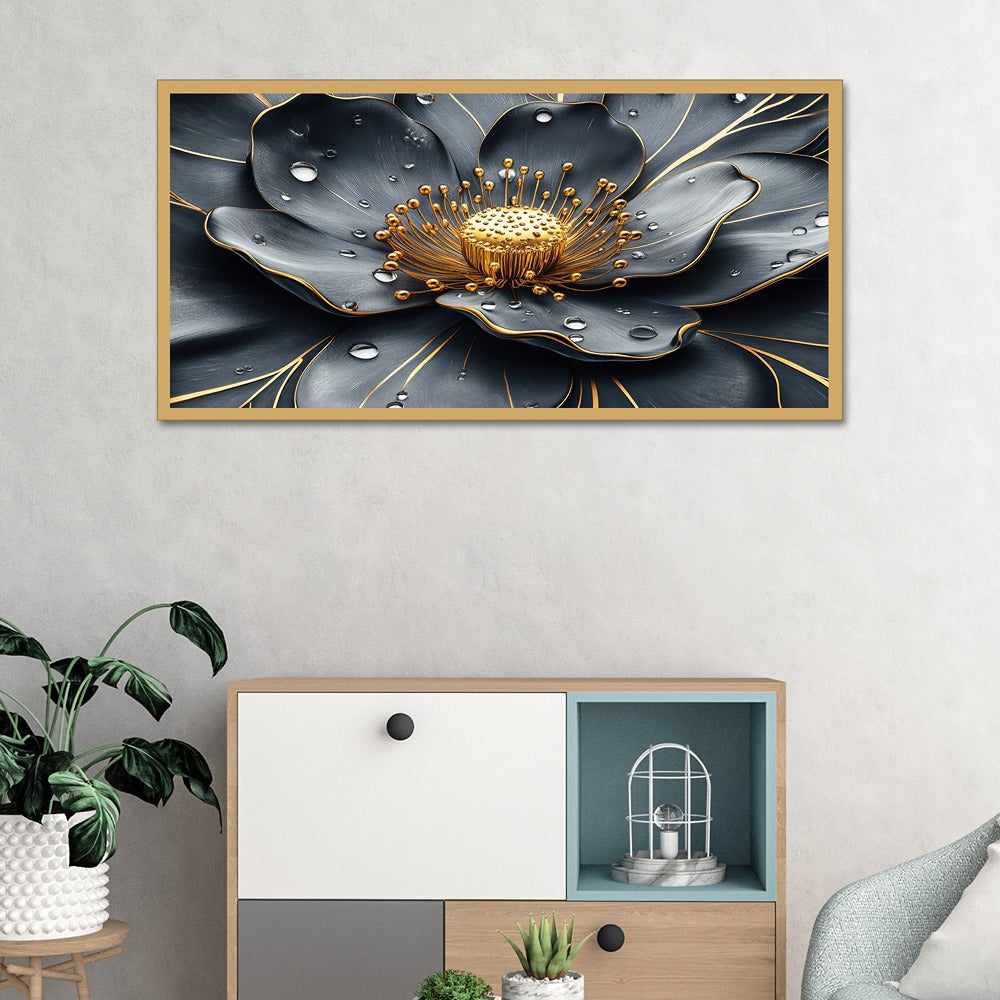 DEKORSTATION Luxury Black & Gold Floral Canvas Wall Painting | Modern Abstract Flower Wall Art Decor For Living Room | Bedroom | Office | Drawing room