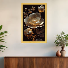 DEKORSTATION Elegant Golden Floral Canvas Painting | Luxury White & Gold Flower Wall Art For Living Room | Bedroom | Office | Drawing room