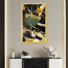 DEKORSTATION Luxury Golden Ginkgo Leaf & Deer Canvas Wall Painting | Modern Abstract Black Gold Nature Wall Art Decor For Living Room | Bedroom | Office | Drawing room