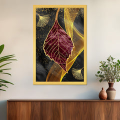 DEKORSTATION Abstract Maroon & Gold Leaf Canvas Painting | Luxury Wall Art for Living Room | Drawing Room | Bedroom Office | Modern Home Decor