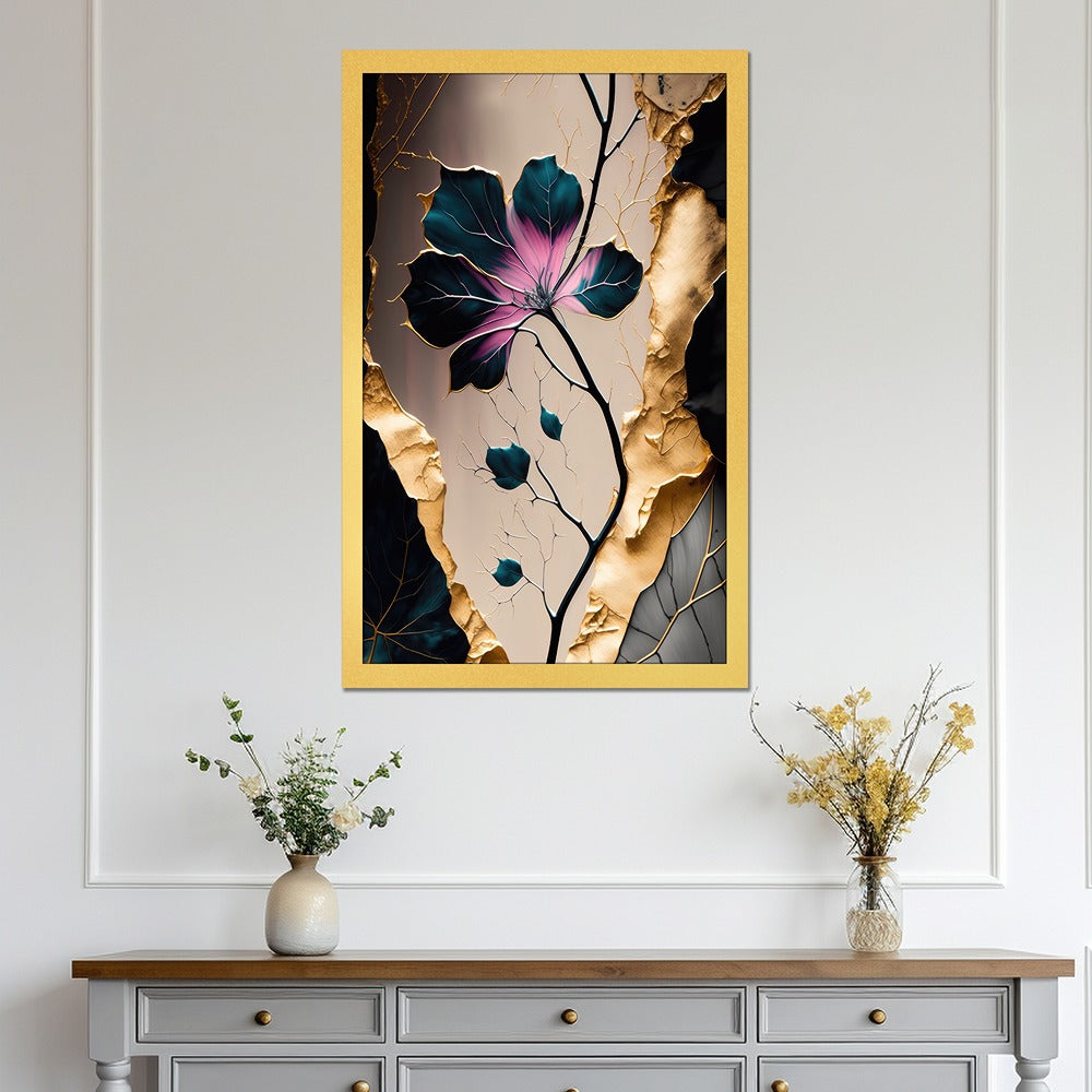 DEKORSTATION Luxury Abstract Floral Canvas Wall Painting | Modern Pink Blue Flower with Gold Leaf Wall Art Decor For Living Room | Bedroom | Office | Drawing room
