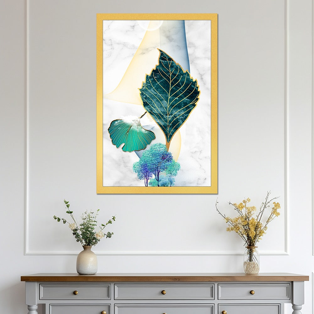 DEKORSTATION Abstract Teal Leaf Canvas Painting with Gold Foil Effect | Modern Wall Art for Living Room Bedroom Office | Marble Texture Background Home Decor