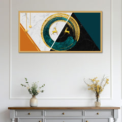 DEKORSTATION Luxury Golden Deer Abstract Circle Canvas Wall Painting Modern Marble Geometric Wall Art Decor For Living Room | Bedroom | Office | Drawing room