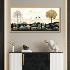 DEKORSTATION Vastu Deer Landscape Canvas Painting for Peace & Prosperity | Golden Mountain Forest Canvas Wall Art for Living Room | Bedroom | Office | Drawing room