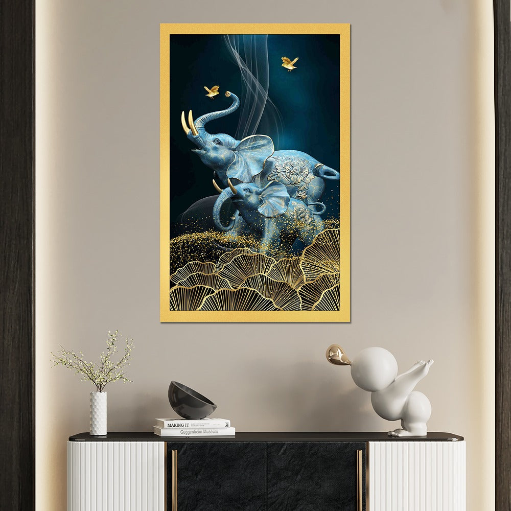 DEKORSTATION Royal Blue Elephant Family Canvas Wall Painting | Luxury Abstract Elephant with Gold Floral Art Decor For Living Room | Bedroom | Office | Drawing room