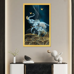 DEKORSTATION Royal Blue Elephant Family Canvas Wall Painting | Luxury Abstract Elephant with Gold Floral Art Decor For Living Room | Bedroom | Office | Drawing room