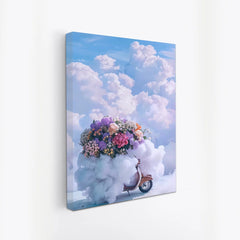 Scooter On Cloud Ride Floral Fantasy Canvas Wall Painting Dreamy Pastel Sky Decor for Wall Decoration Elegant Kids Art Stretched Wall Paintings