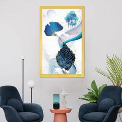 DEKORSTATION Abstract Blue & Gold Leaf Canvas Painting with Moon & Trees | Modern Wall Art for Living Room Bedroom Office | Luxury Nature Home Decor